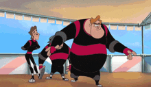 a group of cartoon characters in black and red striped outfits