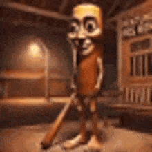 a cartoon character is standing in a room holding a bat .