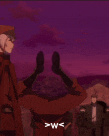 a man in a red cape is standing next to another man in a purple background with the letters > w < visible