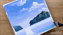 a painting of two islands in the ocean is made by animatica