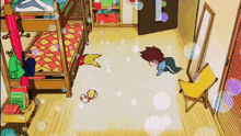 a cartoon of a room with bunk beds , a chair , a mirror and bubbles .
