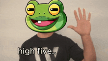 a man with a frog on his head and the words high five on the bottom