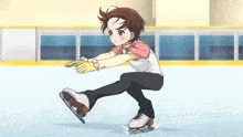 a girl in a pink shirt is ice skating