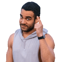 a man with a beard wearing a grey tank top and a smart watch