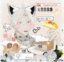 a drawing of a man with cat ears holding a piece of cake with a speech bubble that says 3333