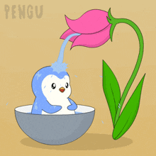 a penguin in a bowl with water pouring from a pink flower