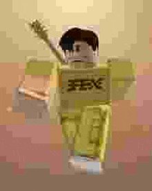 a pixel art of a man in a yellow shirt holding a stick in his hand .