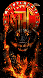 a black lion is surrounded by flames and a red circle that says maintenance
