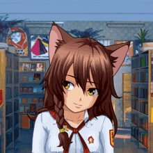 a girl with cat ears is standing in front of a bookshelf