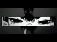 a black and white image of a person 's face with the words uzuy written in white letters