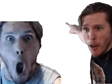 a man with a surprised look on his face is standing next to another man .