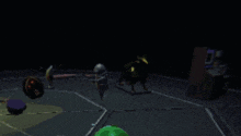 a video game scene with a yellow arcade machine and a green ball in the foreground