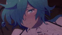 a girl with blue hair is surrounded by sparkles