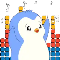 a blue and white penguin is standing in front of a row of musical notes