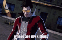 a man wearing sunglasses and a t-shirt that says more he says where are my kittens
