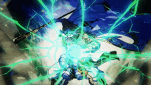 a man in a blue cape is surrounded by green lightning and a sword .