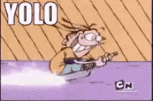 a cartoon of a man playing a guitar with the words " yolo " written on it