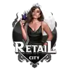 a purple logo for retail city with a purple circle in the center
