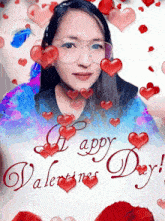 a valentine 's day greeting card with a woman surrounded by hearts