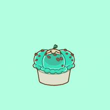 a drawing of a mint chocolate cupcake with a bird on top