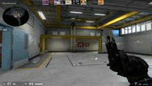 a person holding a gun in a video game with a score of 27 to 89