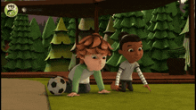 a boy and a girl are playing with a soccer ball and a pbs logo is visible