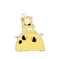 a cartoon character is dressed as a piece of cheese and is jumping in the air