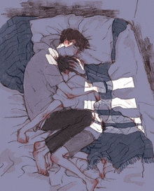 a drawing of two men laying on a bed