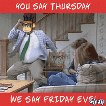 a monkey with a crown on his head is dancing in a living room