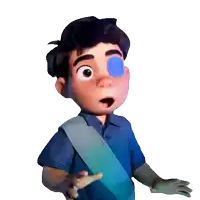 a cartoon boy with a blue eye and green gloves looks surprised