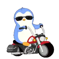 a cartoon penguin is riding a motorcycle with the letter c on the front