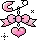 a pixel art illustration of a pink heart hanging from a chain with wings .