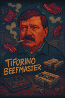 a painting of a man smoking a cigarette with the words tiforino beefmaster on the bottom