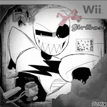 a black and white drawing of a ghost with a pink bow and the words wii girl boss