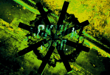 a green and yellow background with a circular pattern and a few lines