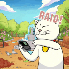 a cartoon of a cat holding a cell phone with the word raid on top