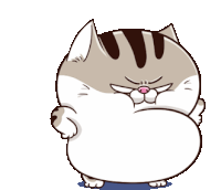 a cartoon cat with a big belly is standing on a blue surface .