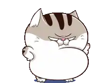 a cartoon cat with a big belly is standing on a blue surface .