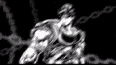 a black and white drawing of a man chained to a wall .