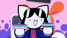 a cartoon cat is wearing sunglasses and holding up a sign that says loveweb