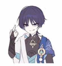 a boy with purple hair is giving the middle finger to the camera .