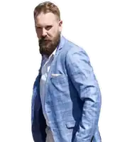 a man with a beard is wearing a blue plaid jacket and a white shirt .