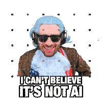 a man holding a magnifying glass with the words i can 't believe it 's not ai