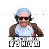 a man holding a magnifying glass with the words i can 't believe it 's not ai