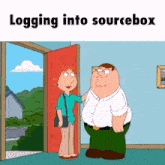 a cartoon of peter griffin and lois griffin standing in front of a red door