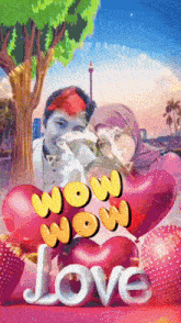 a picture of a man and a woman with balloons and the word love