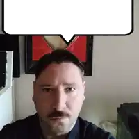 a man with a mustache has a speech bubble over his head