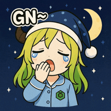 a cartoon drawing of a girl yawning with the word gn below her