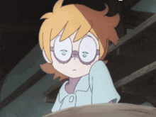 a close up of a cartoon character wearing glasses and a white shirt