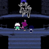 a black and white pixel art of a person standing in a dark room .